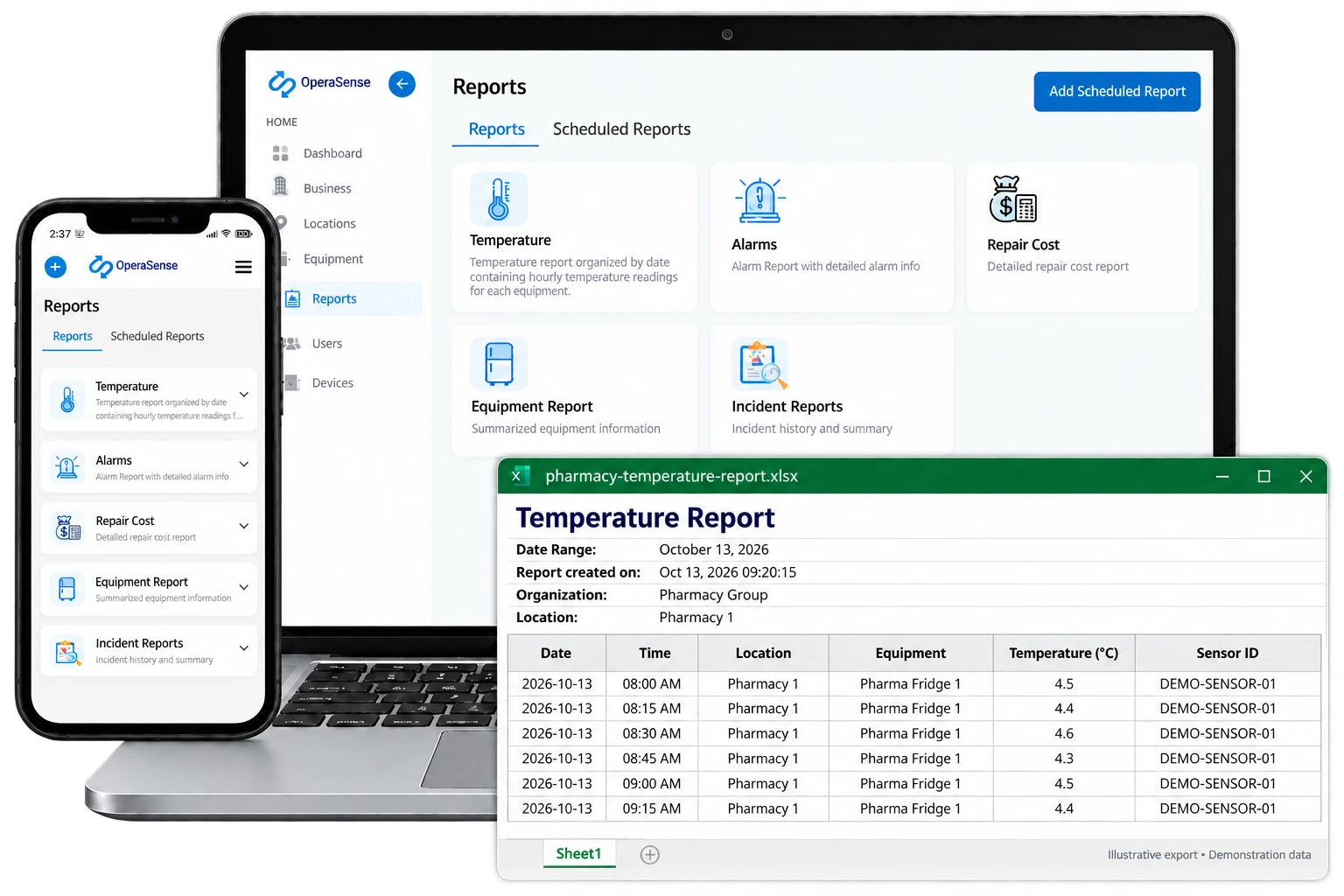 OperaSense reports on laptop and mobile alongside an illustrative pharmacy temperature export with dates, times, equipment and readings.