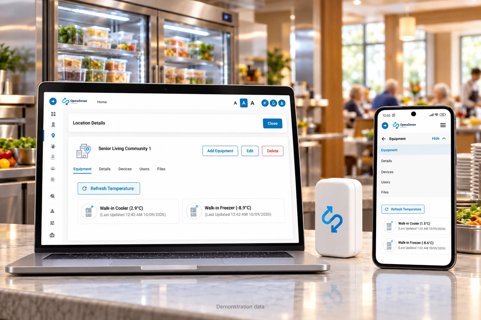 Illustration of OperaSense equipment lists on a laptop and phone beside a Stratosfy temperature sensor in a senior living dining area, showing demonstration data.