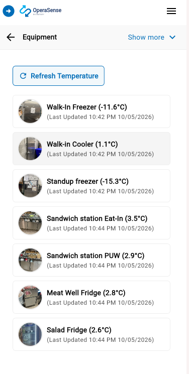 OperaSense equipment list with live temperatures