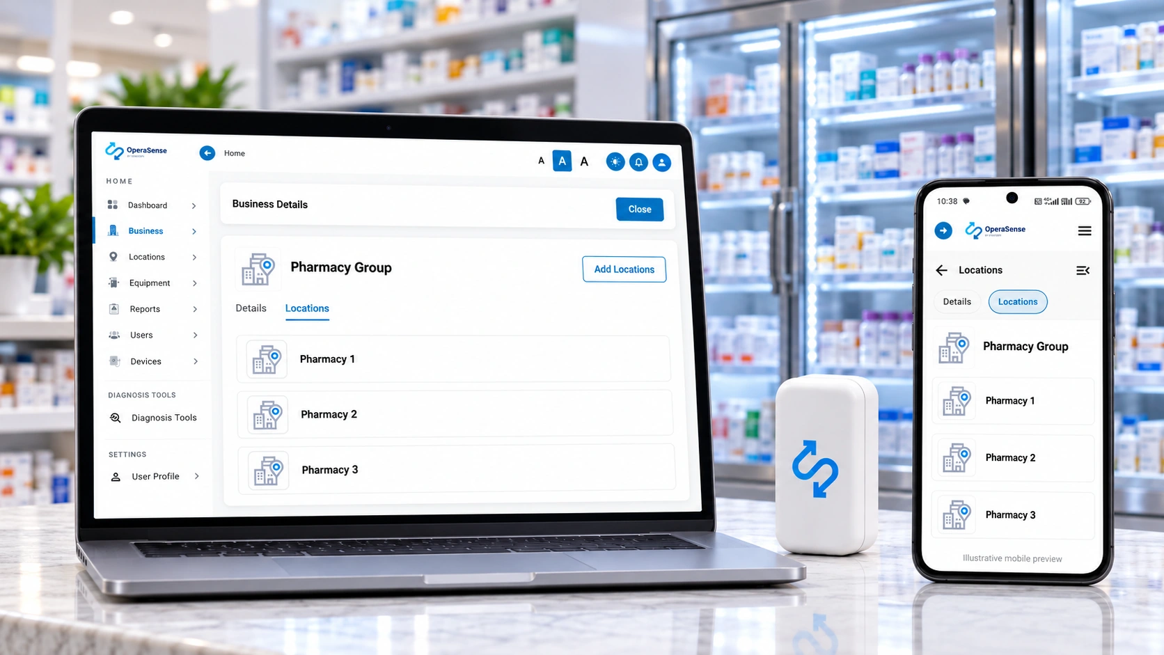 OperaSense web and illustrative mobile views showing three pharmacy locations, with a Stratosfy sensor and medication refrigerator.
