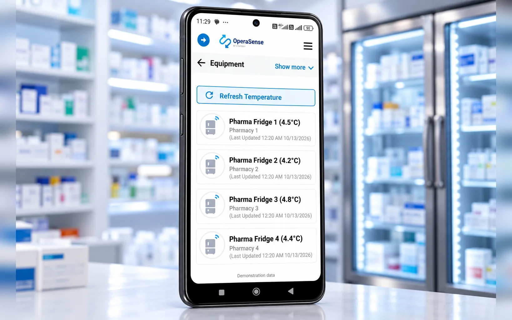 Illustrative OperaSense mobile screen showing refrigerator temperatures across four pharmacy locations.