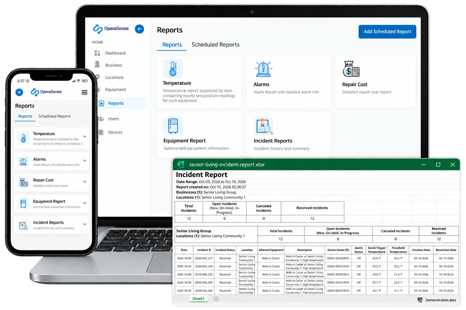 OperaSense reports on laptop and mobile, with an Excel incident report showing demonstration data for a senior living community.