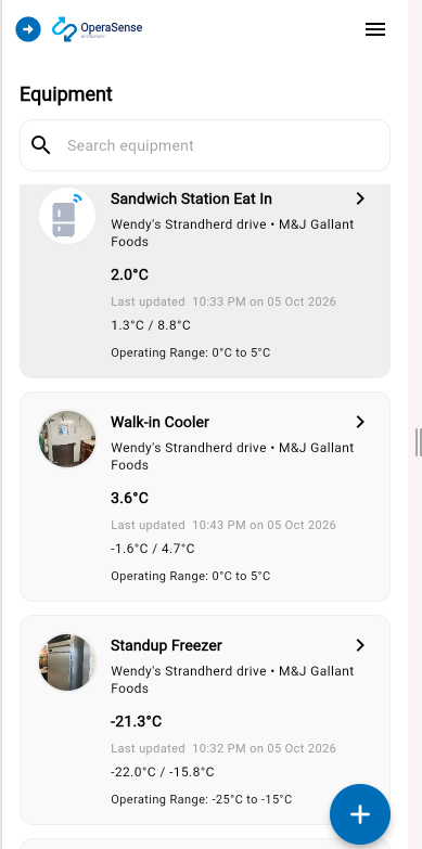 OperaSense app showing restaurant equipment temperatures