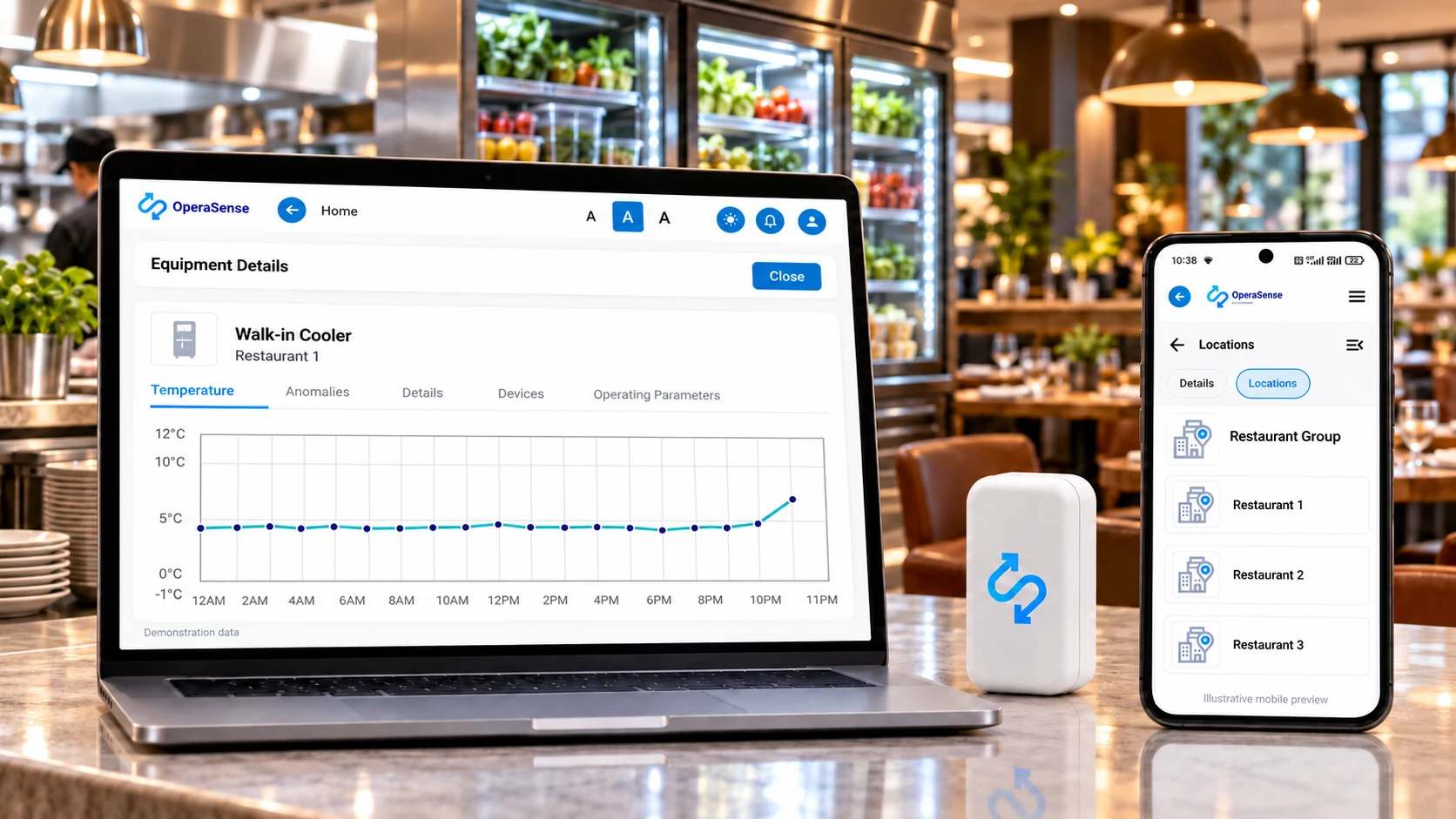 Illustrative OperaSense restaurant temperature dashboard, mobile locations view and Stratosfy sensor in a restaurant setting.