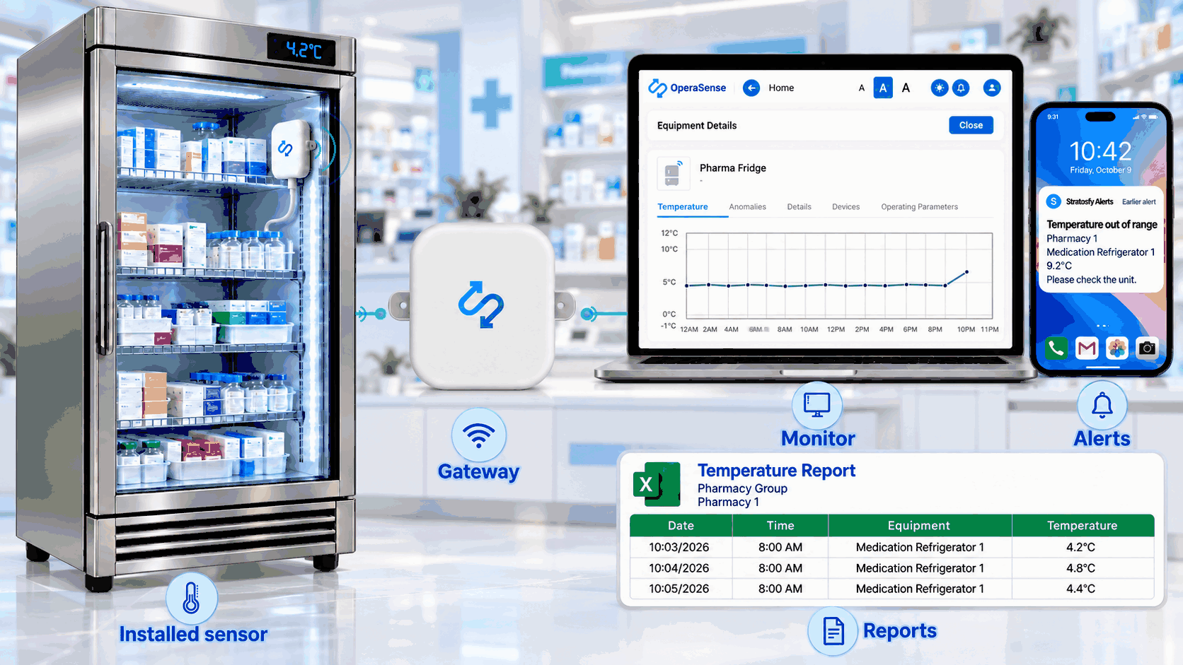 Illustrative pharmacy workflow showing an installed refrigerator sensor, gateway, OperaSense temperature dashboard, mobile alert and temperature report.