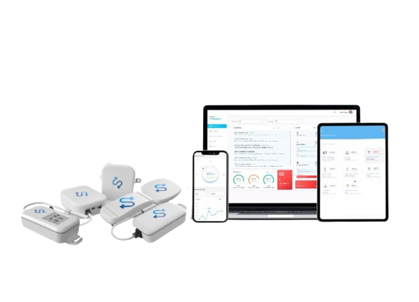 Stratosfy sensors and gateway with the OperaSense app on laptop, tablet and phone