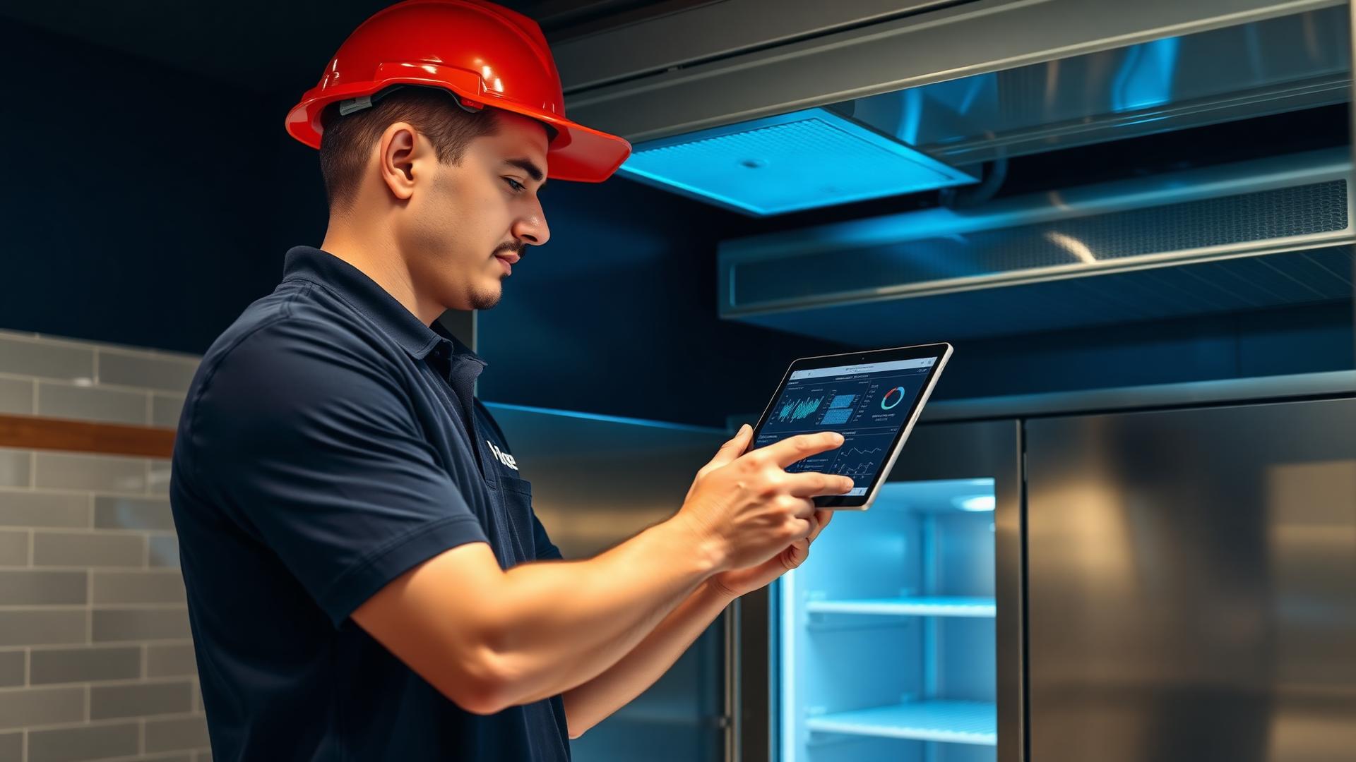 Operations technician inspecting commercial equipment with predictive intelligence overlay