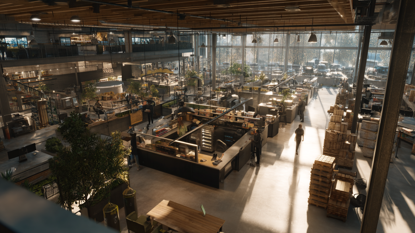 Wide view of a busy operational environment with teams moving across a complex space