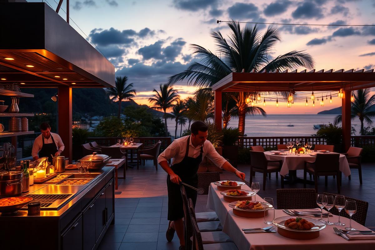Resort restaurant terrace and outdoor banquet service kitchen at dusk