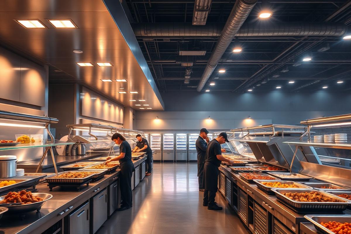 Event venue concession kitchen with refrigerated units and high-volume catering service