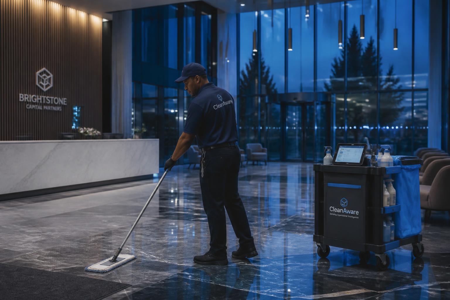Commercial janitorial cleaner servicing a modern office lobby at dusk
