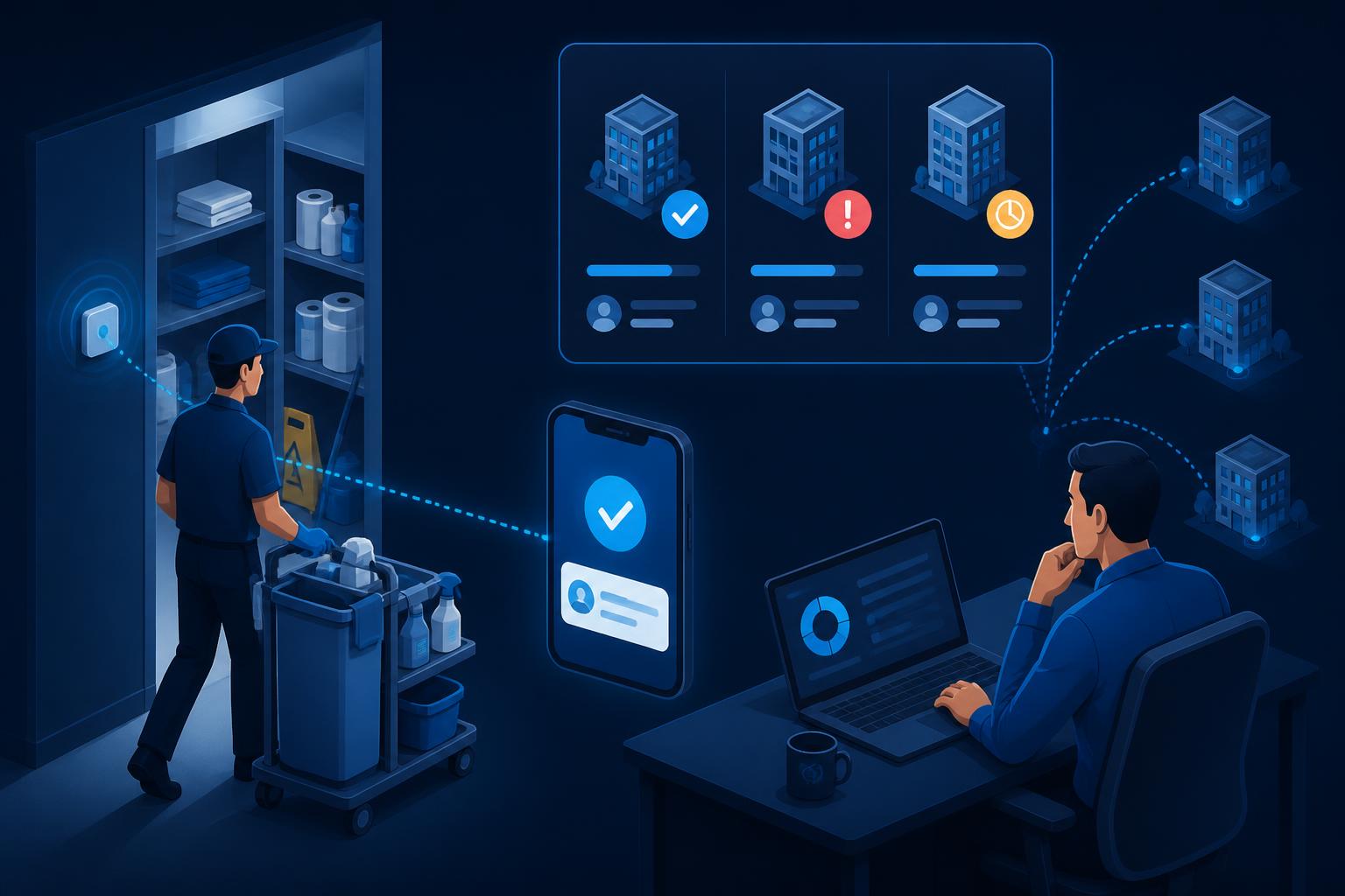 Illustration of a cleaner, a proximity sensor and mobile app alongside a manager’s workforce dashboard