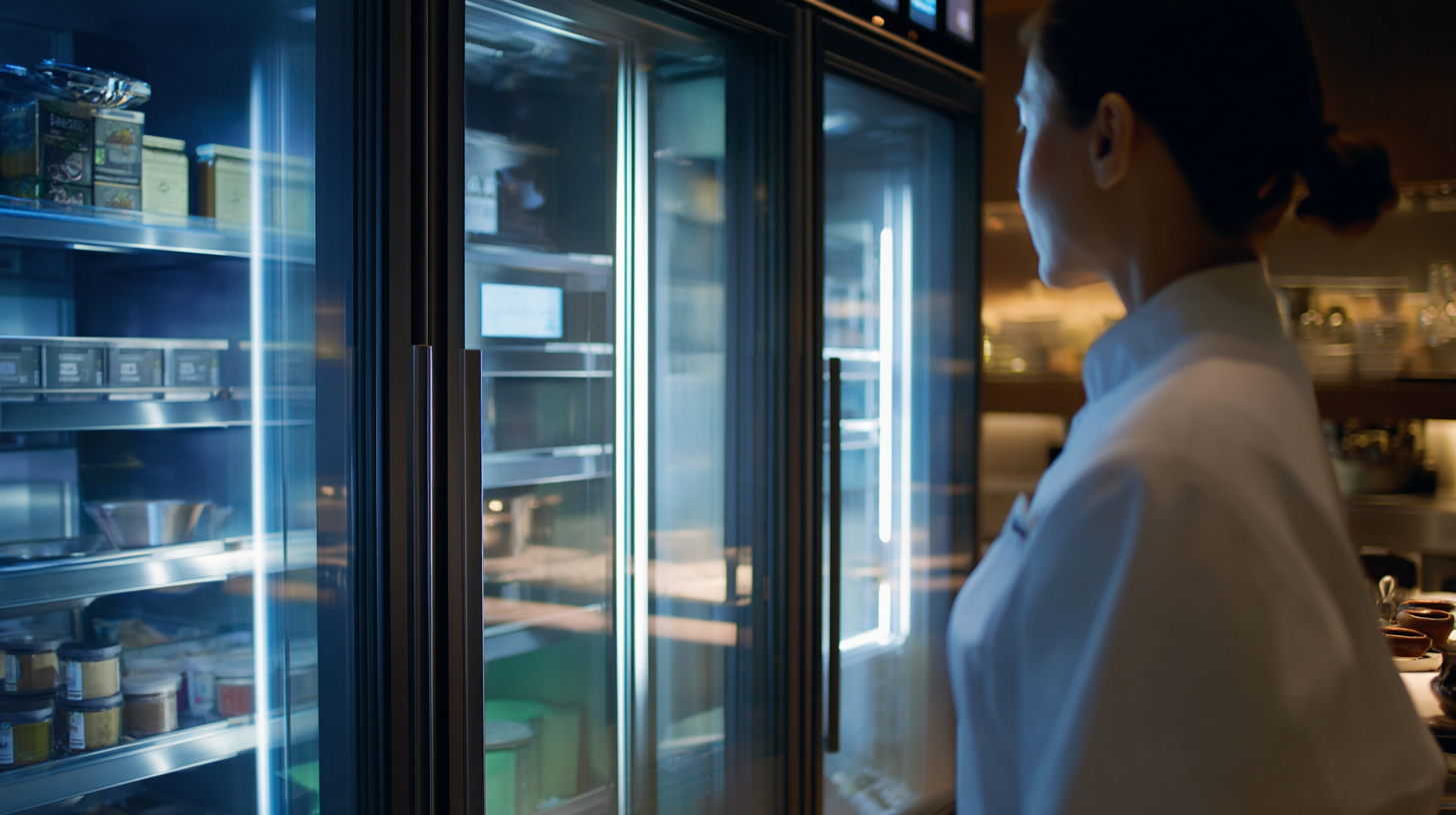 Operator inspecting a refrigeration unit in a professional kitchen