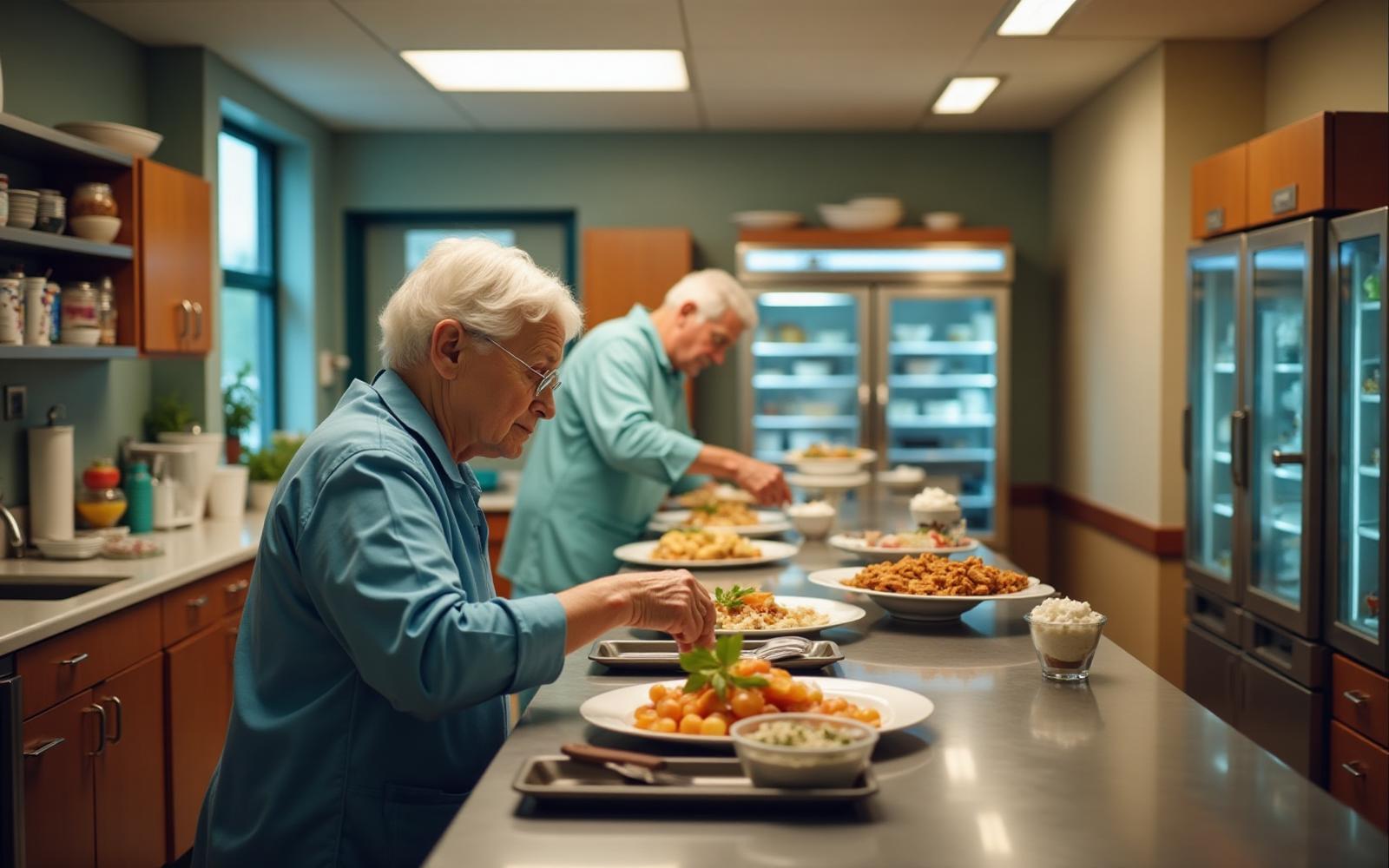 Dining staff preparing meals in a senior living kitchen